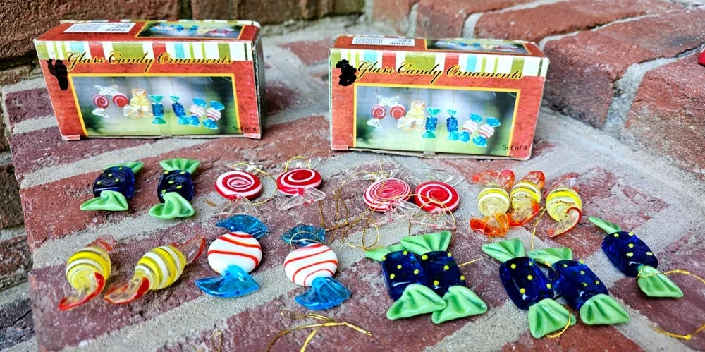 18 Glass Candy Ornaments Shaped like Wrapped Hard Candies NEW IN BOX